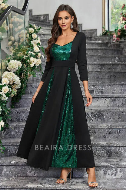 Beaira Elegant Sparkly Black Green Sequined A Line Prom Dress With Long Sleeves - Black Green