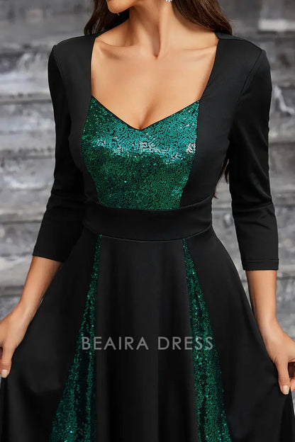 Beaira Elegant Sparkly Black Green Sequined A Line Prom Dress With Long Sleeves - Black Green