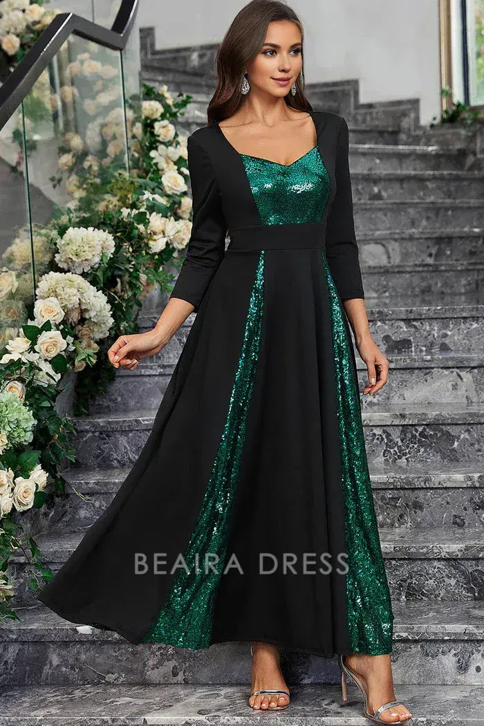 Beaira Elegant Sparkly Black Green Sequined A Line Prom Dress With Long Sleeves - Black Green