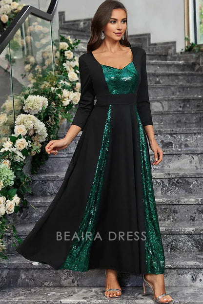 Beaira Elegant Sparkly Black Green Sequined A Line Prom Dress With Long Sleeves - Black Green