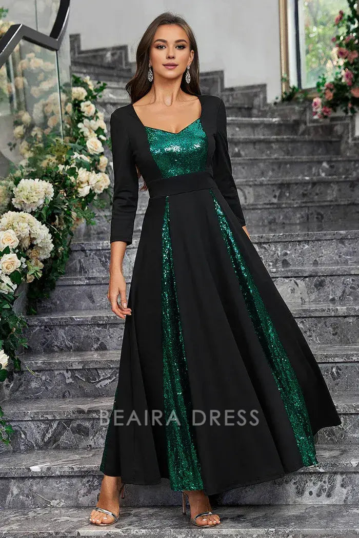 Beaira Elegant Sparkly Black Green Sequined A Line Prom Dress With Long Sleeves - Black Green