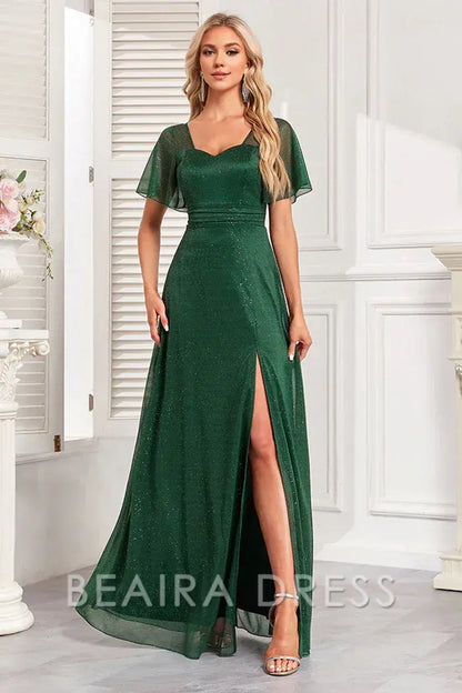 Beaira Elegant Sparkly Dark Green A Line Long Prom Dress With Slit - Dark Green