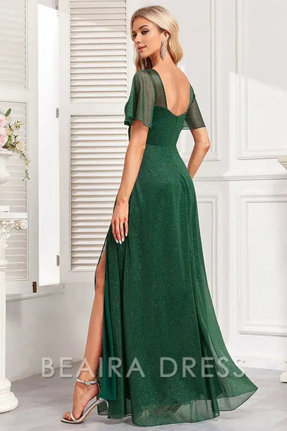 Beaira Elegant Sparkly Dark Green A Line Long Prom Dress With Slit - Dark Green
