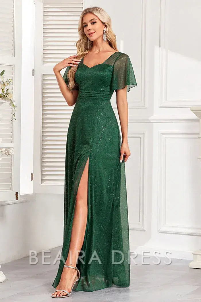 Beaira Elegant Sparkly Dark Green A Line Long Prom Dress With Slit - Dark Green