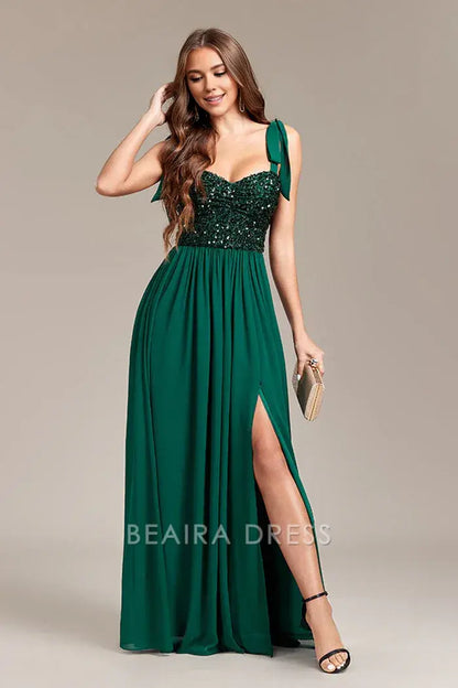 Beaira Elegant Sparkly Green Sequins Long Prom Dress With Slit - Green