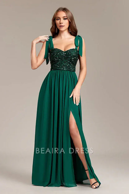 Beaira Elegant Sparkly Green Sequins Long Prom Dress With Slit - Green
