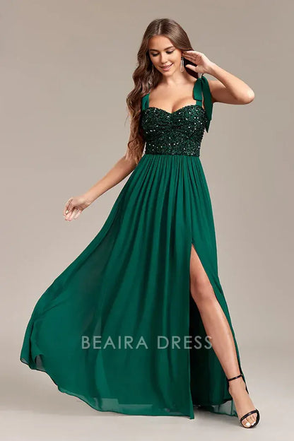 Beaira Elegant Sparkly Green Sequins Long Prom Dress With Slit - Green