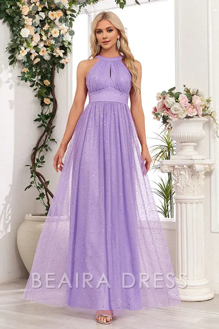 Beaira Elegant Sparkly Purple A Line Halter Long Prom Dress - Purple