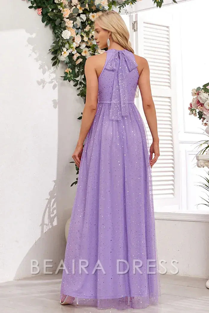 Beaira Elegant Sparkly Purple A Line Halter Long Prom Dress - Purple