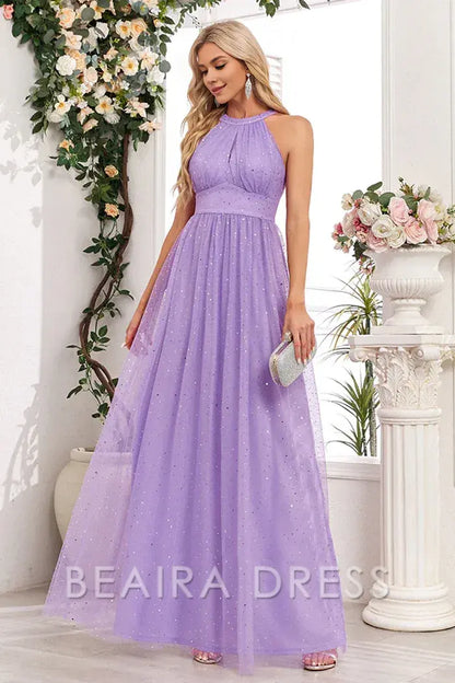 Beaira Elegant Sparkly Purple A Line Halter Long Prom Dress - Purple