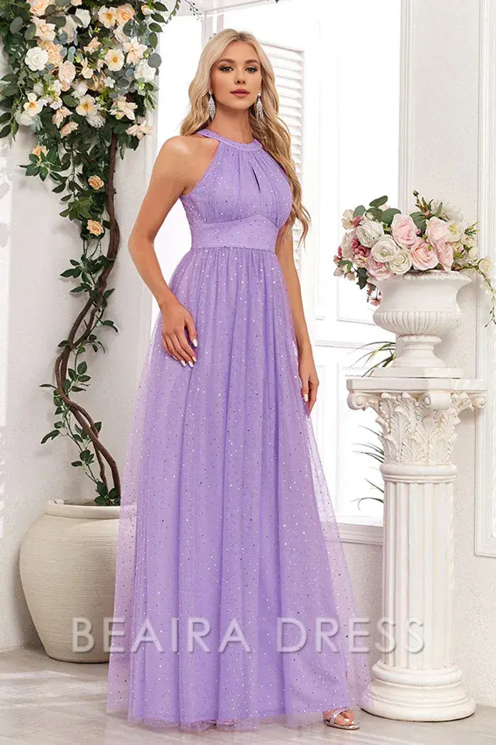 Beaira Elegant Sparkly Purple A Line Halter Long Prom Dress - Purple