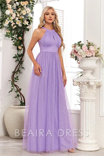 Beaira Elegant Sparkly Purple A Line Halter Long Prom Dress - Purple