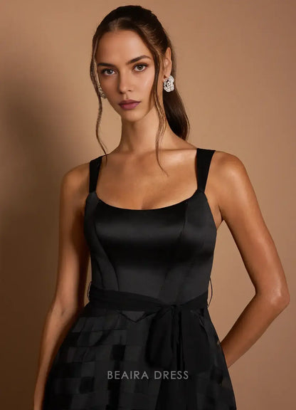 Elegant Square Neck Satin and Checkered Tulle Maxi Dress with Sash Prom Dress