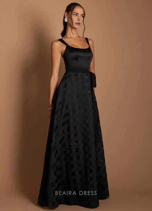 Elegant Square Neck Satin and Checkered Tulle Maxi Dress with Sash Prom Dress