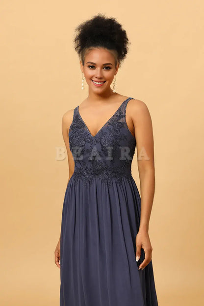 Beaira Elegant Twilight V-Neck Long Chiffon Bridesmaid Dress with Lace New Arrivals