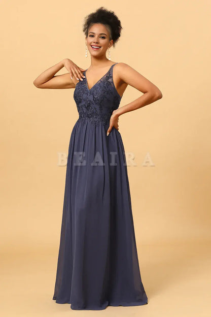 Beaira Elegant Twilight V-Neck Long Chiffon Bridesmaid Dress with Lace New Arrivals