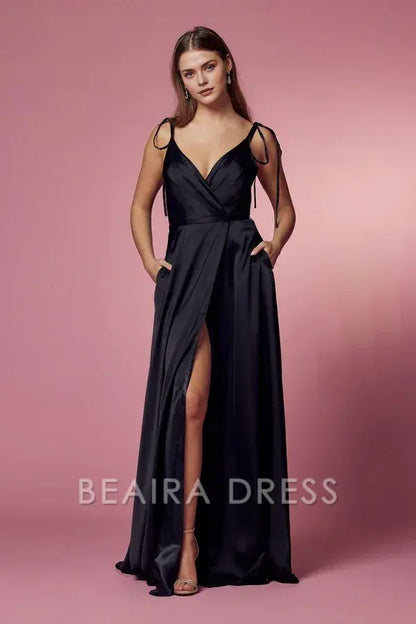 Elegant V - Neck Satin Evening Gown with Side Slit and Tie Straps Prom Dress