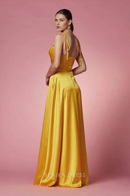 Elegant V - Neck Satin Evening Gown with Side Slit and Tie Straps Prom Dress