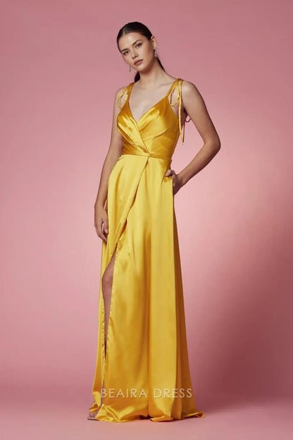 Elegant V - Neck Satin Evening Gown with Side Slit and Tie Straps Prom Dress