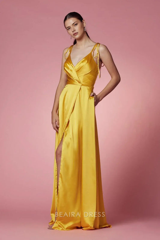 Elegant V - Neck Satin Evening Gown with Side Slit and Tie Straps Prom Dress