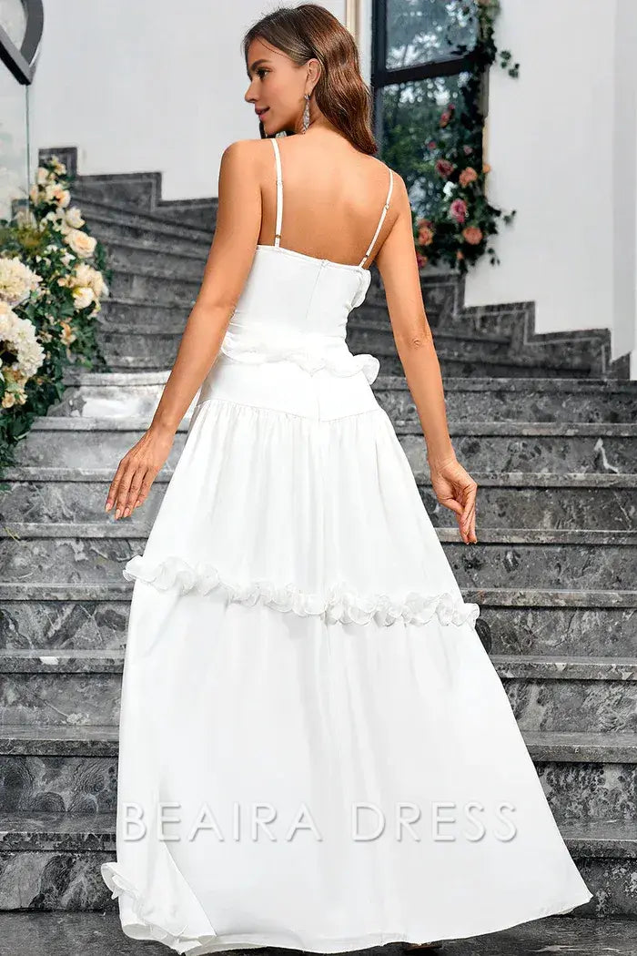 Beaira Elegant White A Line Sweetheart Neck Spaghetti Straps Long Simple Dress - White