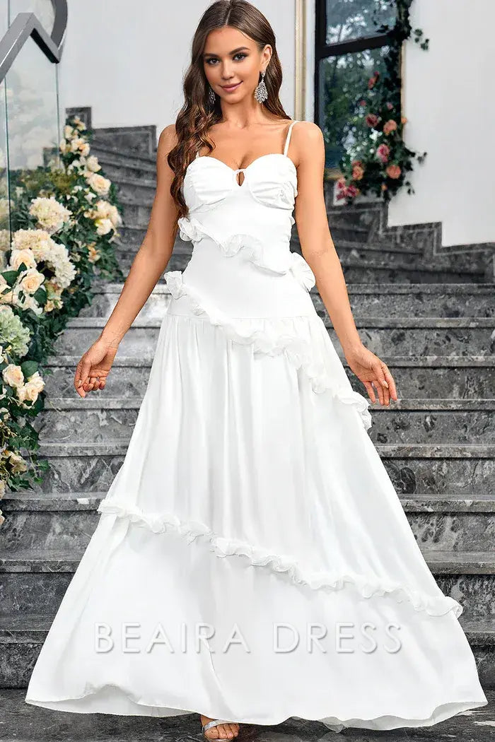 Beaira Elegant White A Line Sweetheart Neck Spaghetti Straps Long Simple Dress - White