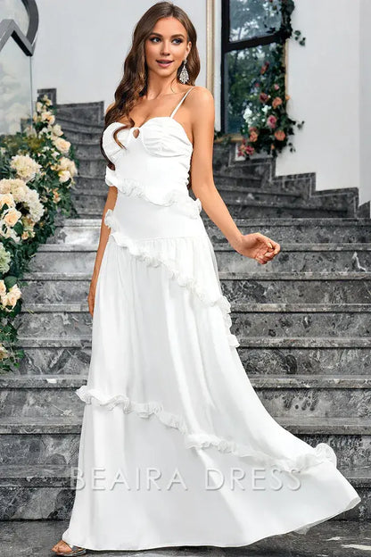 Beaira Elegant White A Line Sweetheart Neck Spaghetti Straps Long Simple Dress - White