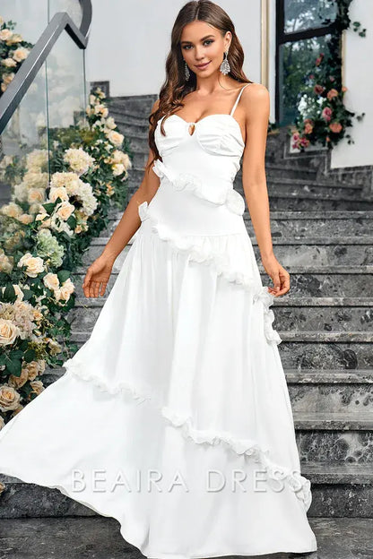Beaira Elegant White A Line Sweetheart Neck Spaghetti Straps Long Simple Dress - White