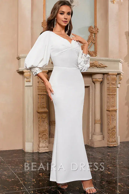 Beaira Elegant White Mermaid V Neck Long Prom Dress with Puff Sleeves - White