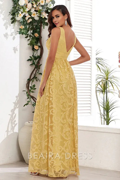 Beaira Elegant Yellow V-Neck Long Prom Dress With Appliques - Yellow