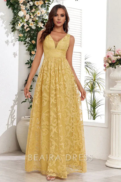 Beaira Elegant Yellow V-Neck Long Prom Dress With Appliques - Yellow