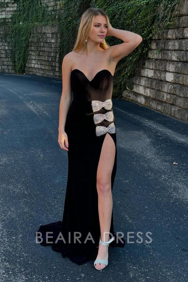 Beaira Elegant & Classic Sheath Strapless Sleeveless Beaded Bow Knot Floor Length Prom Party Dress with High Side Slit and Train