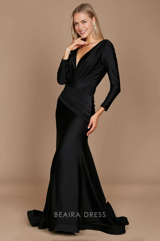 Elegant mermaid Long Sleeve Deep V - Neck Satin Sweep/Brush Train Prom Dress