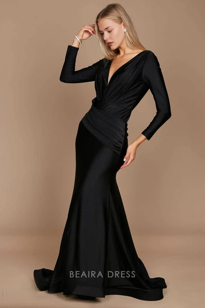 Elegant mermaid Long Sleeve Deep V - Neck Satin Sweep/Brush Train Prom Dress