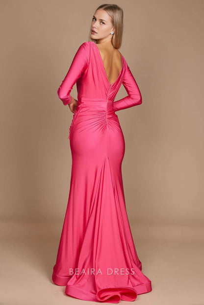 Elegant mermaid Long Sleeve Deep V - Neck Satin Sweep/Brush Train Prom Dress
