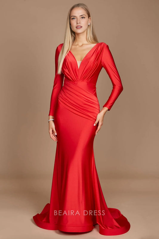 Elegant mermaid Long Sleeve Deep V - Neck Satin Sweep/Brush Train Prom Dress