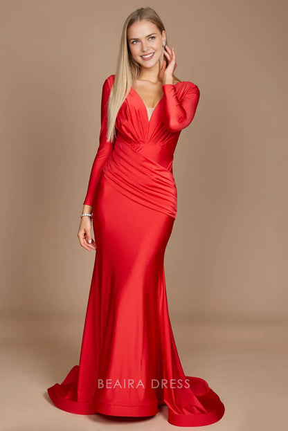 Elegant mermaid Long Sleeve Deep V - Neck Satin Sweep/Brush Train Prom Dress
