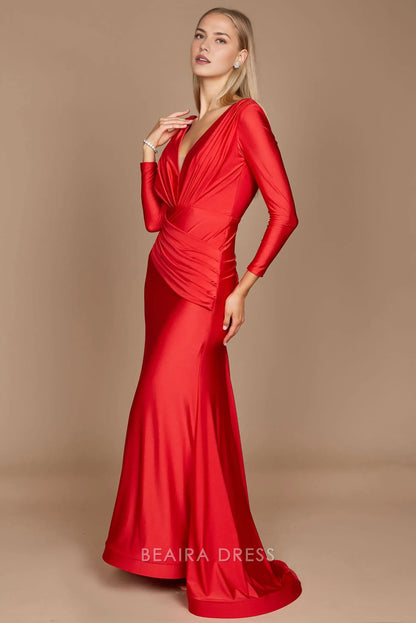 Elegant mermaid Long Sleeve Deep V - Neck Satin Sweep/Brush Train Prom Dress