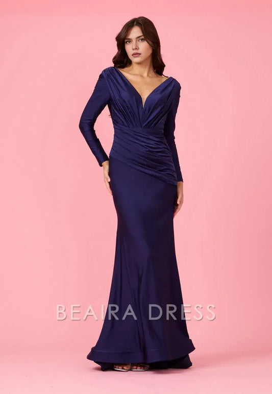 Elegant mermaid Long Sleeve Deep V - Neck Satin Sweep/Brush Train Prom Dress