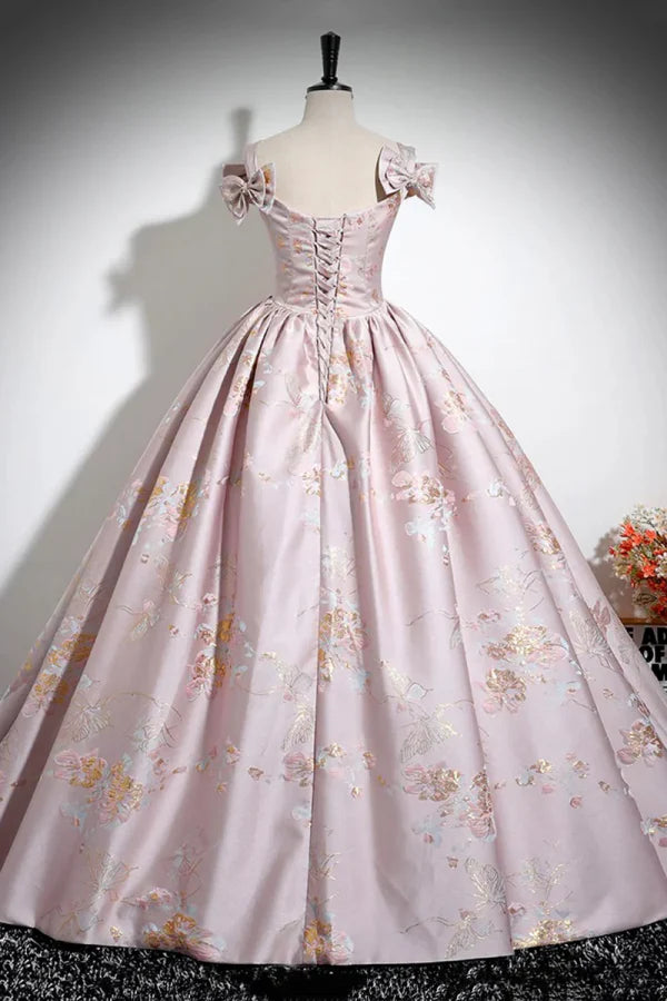 Enchanting Square-Neck Floral-Embroidered Pink Jacquard Long Prom Dresses