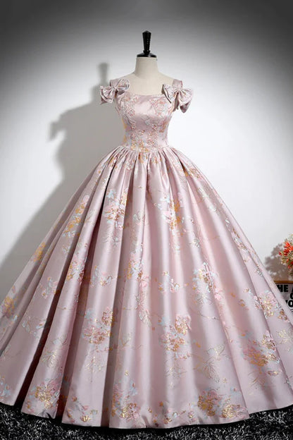 Enchanting Square-Neck Floral-Embroidered Pink Jacquard Long Prom Dresses