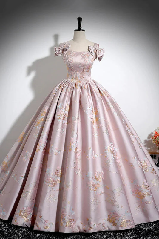 Enchanting Square-Neck Floral-Embroidered Pink Jacquard Long Prom Dresses