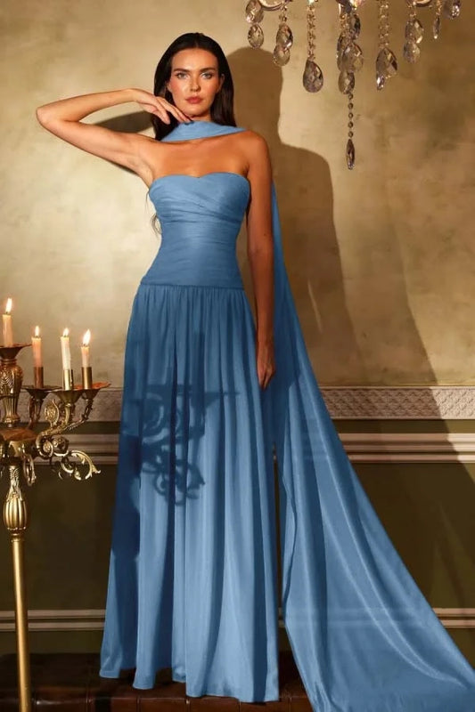 Ethereal A-Line Strapless Sleeveless Draped Floor-Length Prom Dress