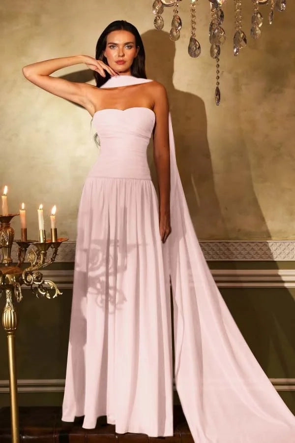 Ethereal A-Line Strapless Sleeveless Draped Floor-Length Prom Dress