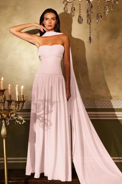 Ethereal A-Line Strapless Sleeveless Draped Floor-Length Prom Dress