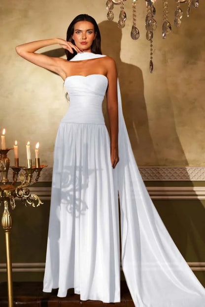 Ethereal A-Line Strapless Sleeveless Draped Floor-Length Prom Dress