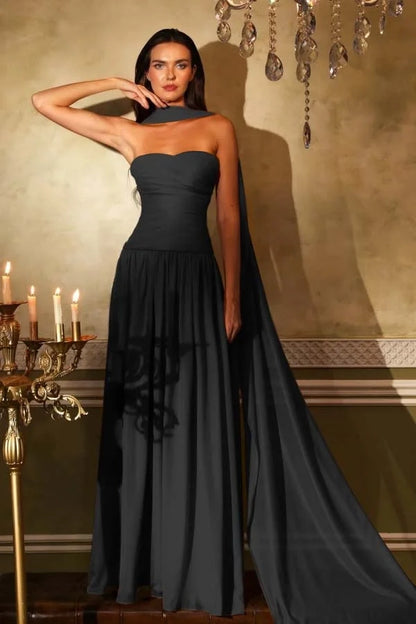 Ethereal A-Line Strapless Sleeveless Draped Floor-Length Prom Dress