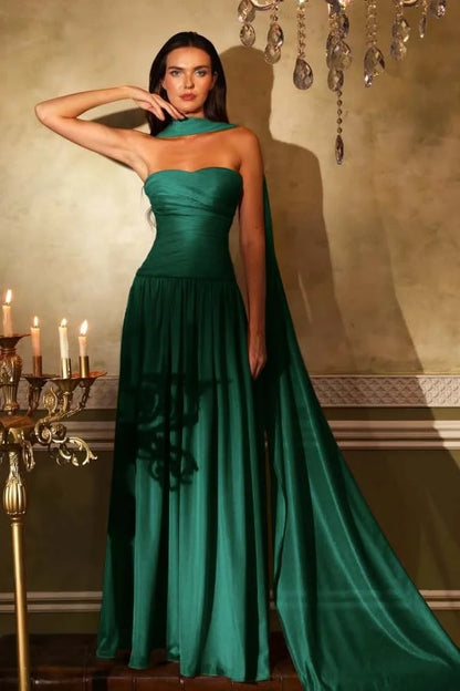 Ethereal A-Line Strapless Sleeveless Draped Floor-Length Prom Dress