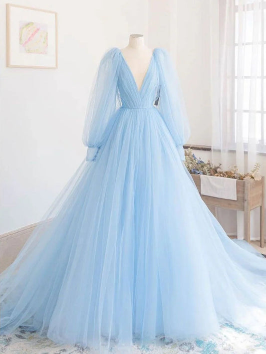 Ethereal A-Line V-Neck Long Sleeve Tulle Sky Blue Evening Dress