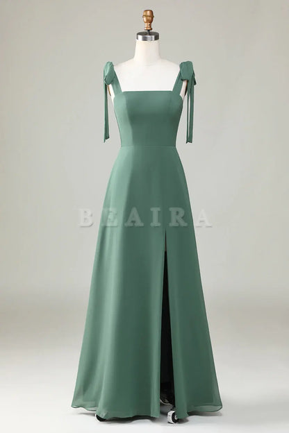 Beaira Eucalyptus A-Line Spaghetti Straps Floor Length Bridesmaid Dress with Slit Bridesmaid dress shop